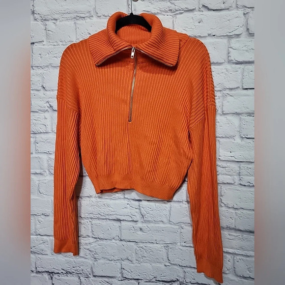 NwT Cotton ON Womens's Large Crop Rib Half Zip Sweater Fiery‎ Orange - Picture 1 of 8